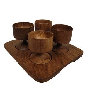 Vintage Teak Egg Cup Holder Set of 4 w/ Tray MCM 1960s Wood Scandinavian Style